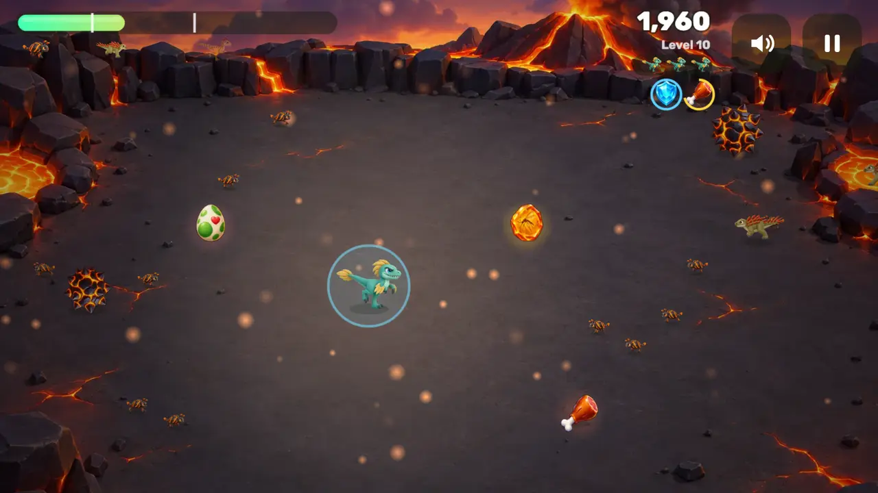 Power-ups on the Volcano: amber, meat, an egg and a shield